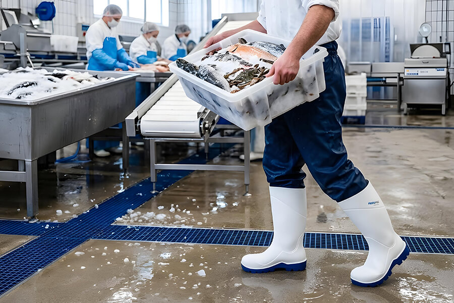 Botas industriales Noramax Food S4 en uso en planta de procesamiento de pescado, resistentes a humedad, ácidos y aceites marinos, certificación EN ISO 20345:2022, distribuidas por Intremaq Colombia