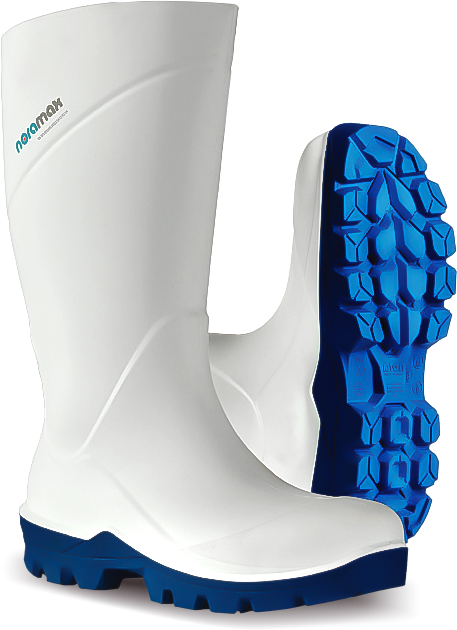 Bota industrial Noramax Food S4 blanca suela azul, puntera de acero, certificación EN ISO 20345:2022, distribuida por Intremaq en Colombia